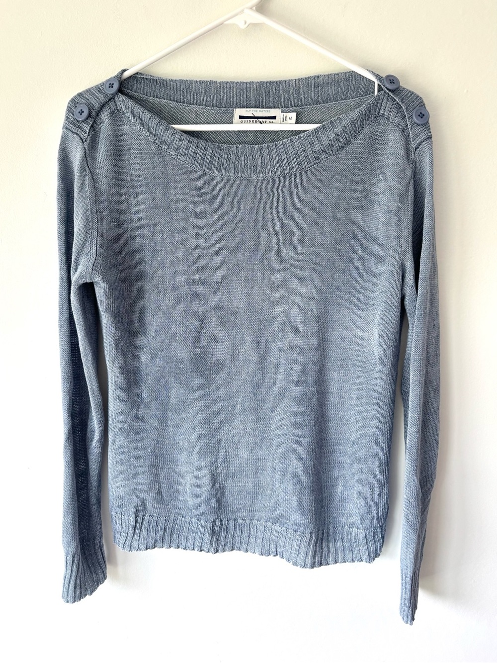 Guideboat Co Blue Knit Linen Sweater Button Shoulders Boatneck Nautical Costal